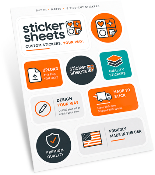 A 5 by 7 inch matte sticker sheet with eight kiss-cut stickers