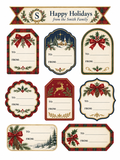 A sheet of vintage-style holiday gift tags with tartan and navy borders, featuring red bows, holly, a snowy church, a gold reindeer, pinecones, and evergreen branches. Each tag has blank TO and FROM lines, and the top banner reads 'Happy Holidays from the Smith Family' with an S monogram.