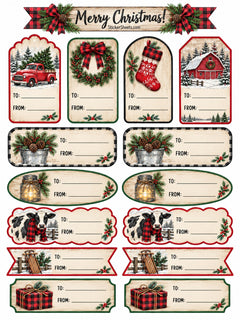 A sheet of Christmas-themed gift tags with various shapes and sizes, featuring holiday illustrations like a red pickup truck, wreath, stocking, barn, cows, and mason jars, with 'TO:' and 'FROM:' fields on each tag.