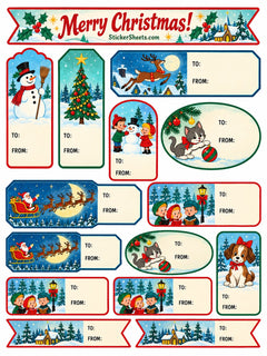A sheet of Christmas-themed sticker sheets with multiple labels and tags featuring holiday illustrations such as a snowman, Christmas tree, Santa Claus, children, a cat, and a puppy. The stickers include 'TO:' and 'FROM:' fields and are arranged on a white background.