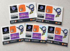 Five 7 x 5 in sticker sheets with the same designs in gloss, matte, economical, holographic and silver flake finishes