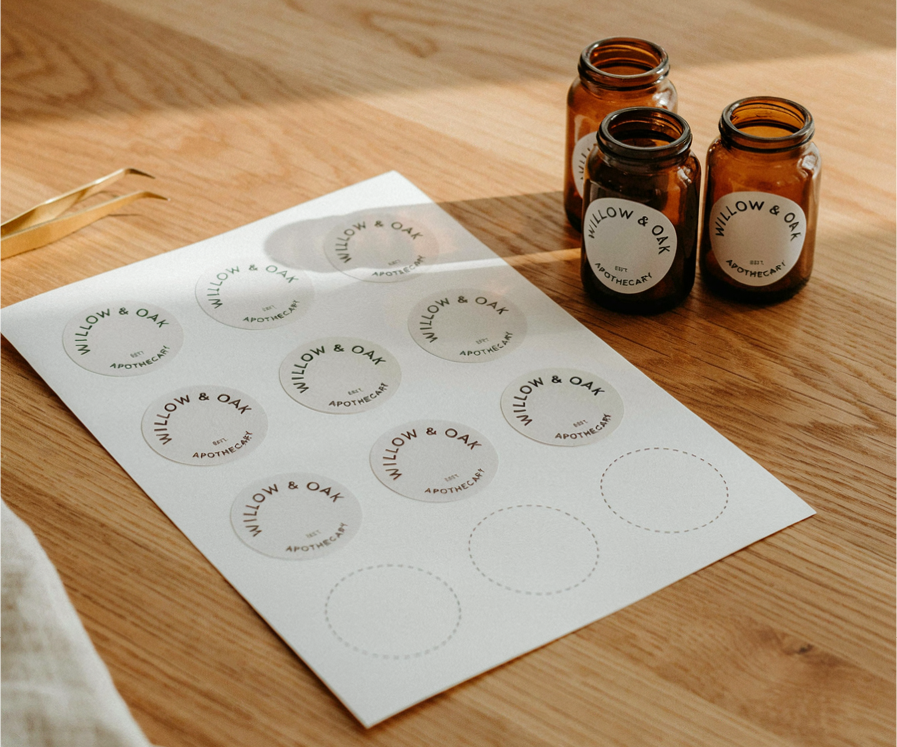 Sheet of identical product labels, one peeled away