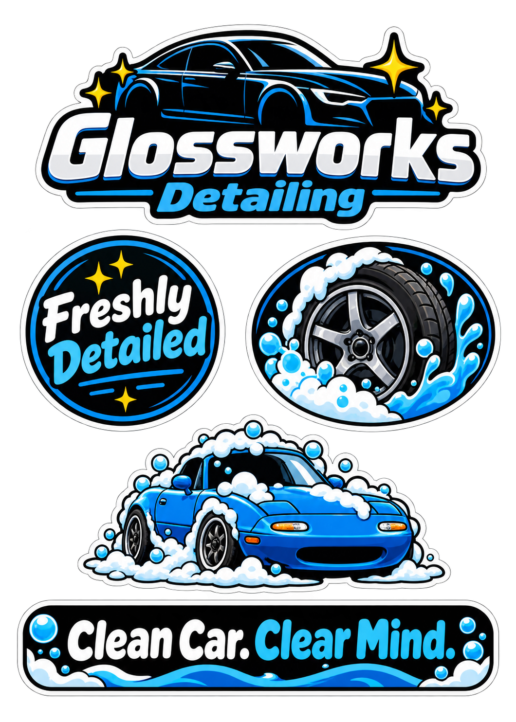 Example sticker sheet for an auto detailer: a car logo, a "Freshly Detailed" circle, a "Clean Car. Clear Mind." label, a foamy wheel and a sports car in soap bubbles
