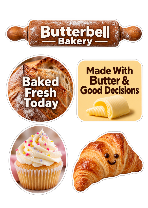 Photo style example sticker sheet for a bakery: a rolling pin logo, a "Baked Fresh Today" circle over bread, a butter label, a cupcake and a croissant with a smile