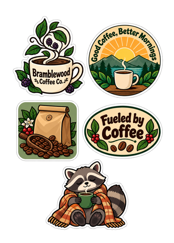 Example sticker sheet for a coffee shop: a coffee cup logo, a "Good Coffee, Better Mornings" circle, a coffee bag, a "Fueled by Coffee" oval and a sleepy raccoon with a mug