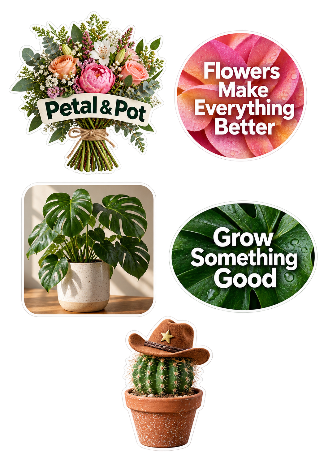 Photo style example sticker sheet for a florist: a bouquet logo, a "Flowers Make Everything Better" circle over petals, a houseplant, a "Grow Something Good" oval and a cactus in a cowboy hat