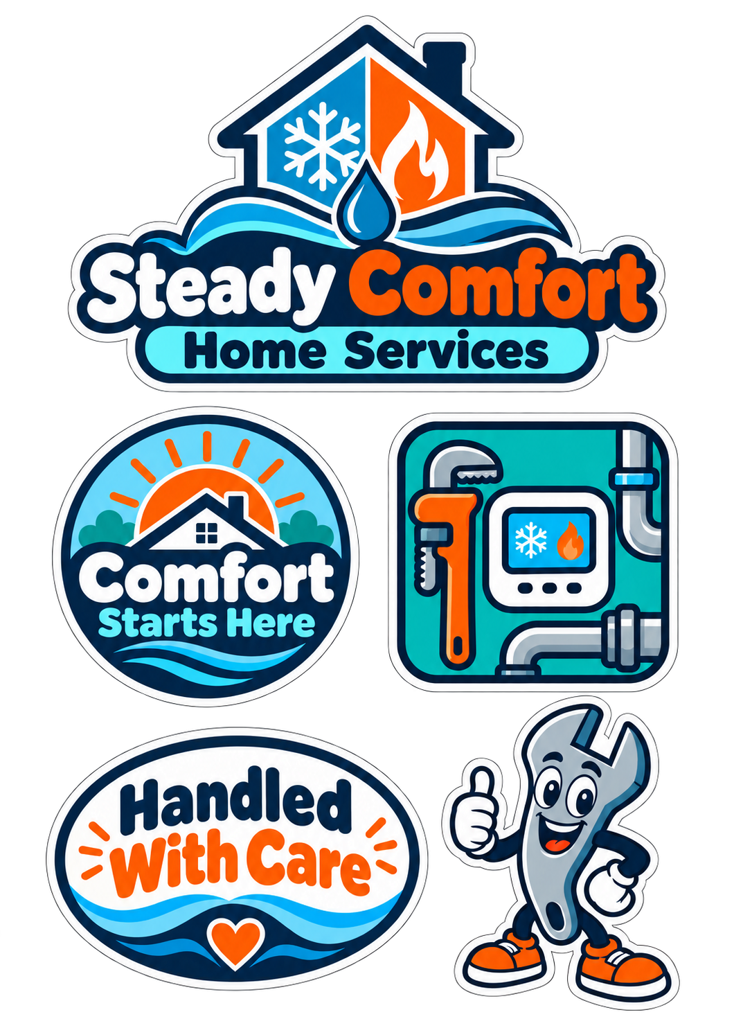 Example sticker sheet for a heating and plumbing company: a house logo, a "Comfort Starts Here" circle, a tools and thermostat badge, a "Handled With Care" oval and a wrench character
