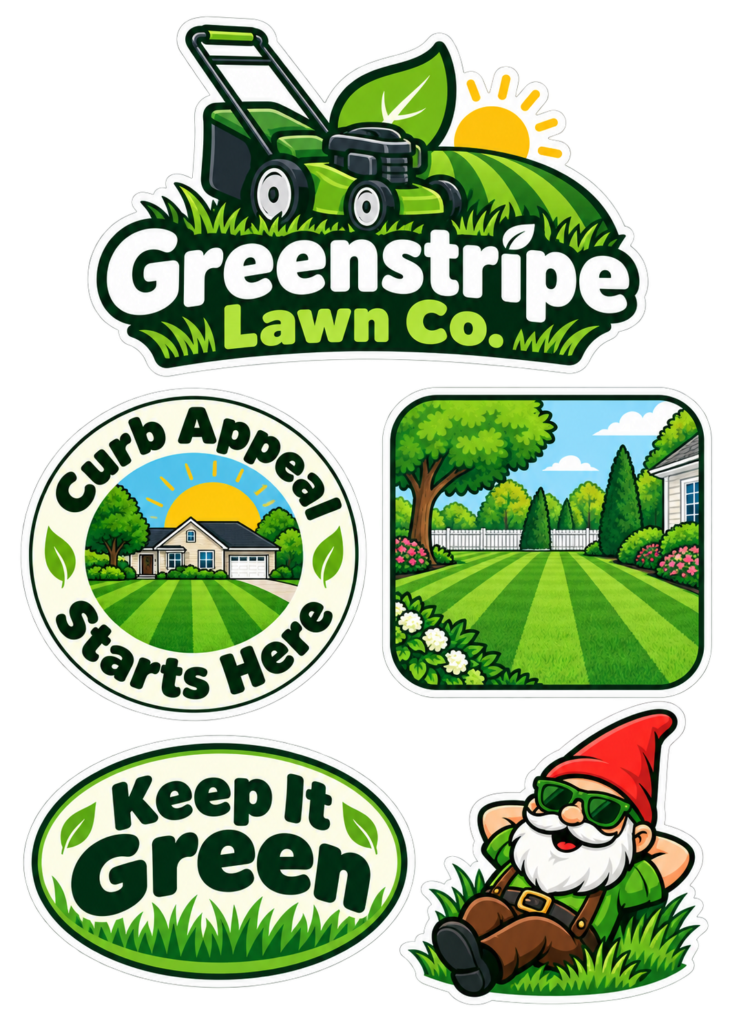 Example sticker sheet for a lawn care company: a mower logo, a "Curb Appeal Starts Here" circle, a striped lawn, a "Keep It Green" oval and a gnome in sunglasses