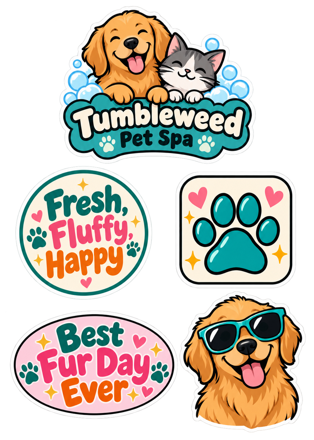 Example sticker sheet for a pet groomer: a dog and cat logo, a "Fresh, Fluffy, Happy" circle, a paw print badge, a "Best Fur Day Ever" oval and a dog in sunglasses