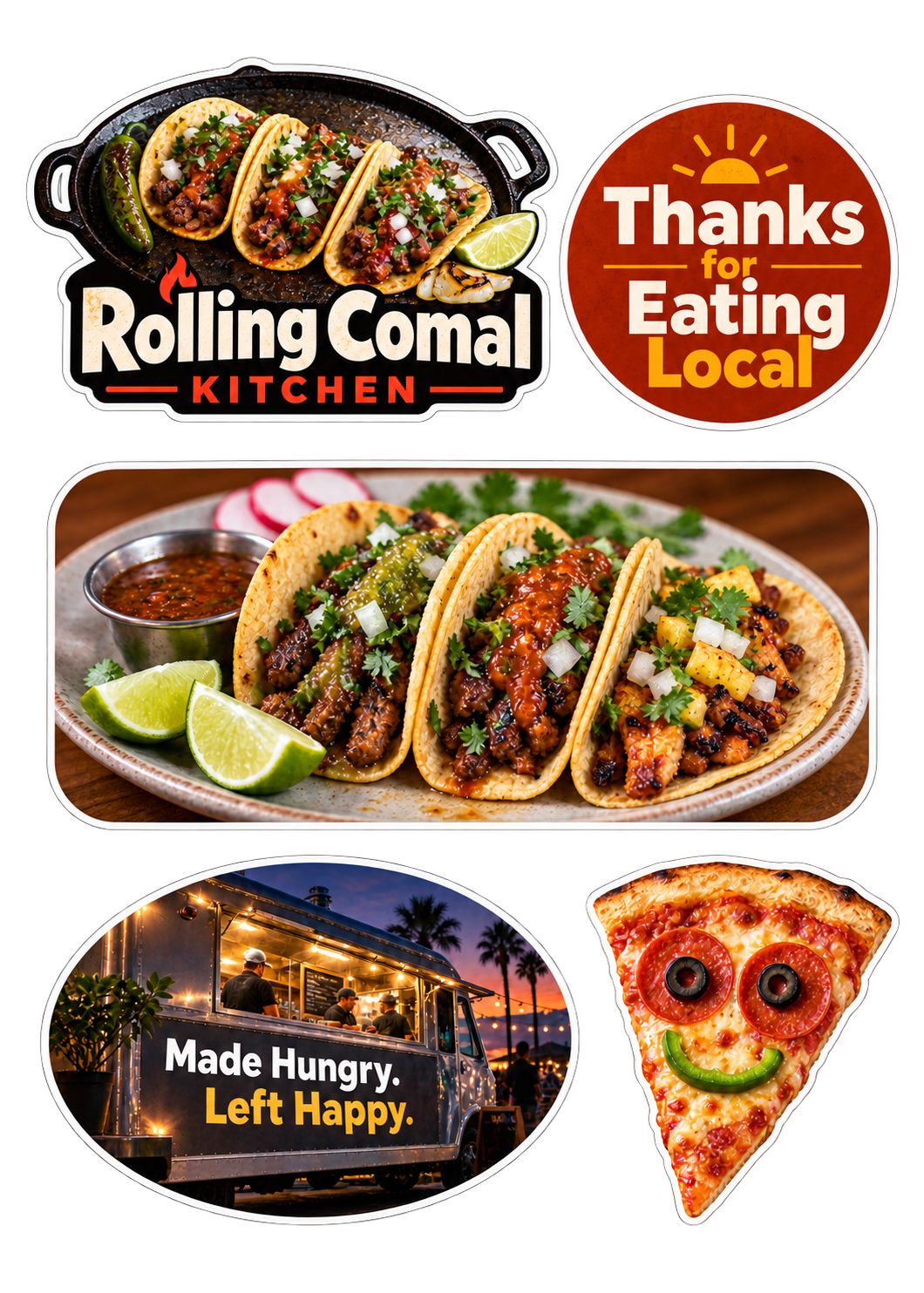 Photo style example sticker sheet for a food truck: a tacos logo, a "Thanks for Eating Local" circle, a plate of tacos, a food truck oval and a pizza slice with a face