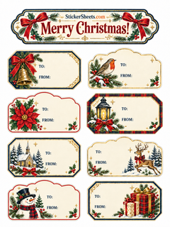 A sheet of vintage-style Christmas gift tags featuring a brass bell, a robin, a poinsettia, a lantern, a snowy church, a leaping reindeer, a snowman, and wrapped plaid presents. Each tag has 'TO:' and 'FROM:' fields, and the top banner reads 'Merry Christmas!' and 'StickerSheets.com'.