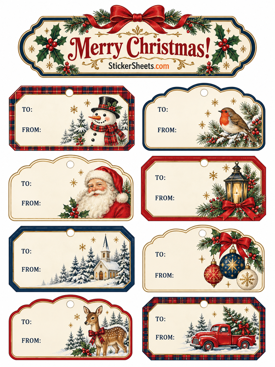 A sheet of vintage-style Christmas gift tags with plaid and navy borders, featuring a snowman, a robin, Santa Claus, a lantern, a snowy church, ornaments, a deer, and a red pickup truck with a tree. Each tag has 'TO:' and 'FROM:' fields, and the top banner reads 'Merry Christmas! StickerSheets.com'.