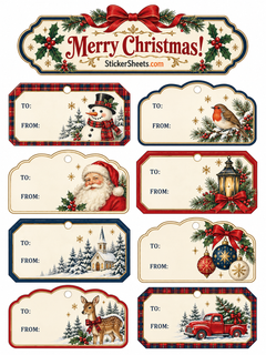 A sheet of vintage-style Christmas gift tags with plaid and navy borders, featuring a snowman, a robin, Santa Claus, a lantern, a snowy church, ornaments, a deer, and a red pickup truck with a tree. Each tag has 'TO:' and 'FROM:' fields, and the top banner reads 'Merry Christmas! StickerSheets.com'.