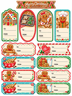 A sheet of Christmas gingerbread-themed gift tags with an illustrated gingerbread house, cookies, candy canes, and a 'Merry Christmas' banner. Each tag has a to/from line for writing names.