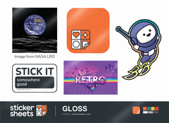 Gloss 7 x 5 in sticker sheet, the same five designs under a shiny clear laminate