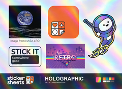 Holographic 7 x 5 in sticker sheet with a rainbow shimmer behind an Earth photo, a Retro scene and an astronaut