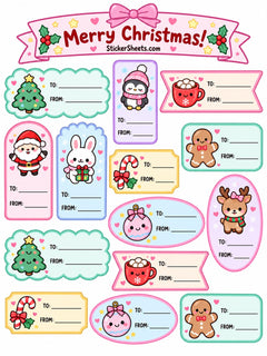 A sheet of Christmas-themed sticker labels with cute illustrations including Santa, a penguin, a mug of hot cocoa, a gingerbread person, a tree, candy canes, and a reindeer. The labels have blank lines for TO and FROM fields and are arranged on a white background with a pink 'Merry Christmas! StickerSheets.com' banner.