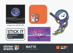 Matte 7 x 5 in sticker sheet with an Earth photo, an orange logo, a Stick It label, a Retro scene and an astronaut