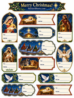 A sheet of Christmas-themed sticker labels with religious illustrations including Mary, Joseph, baby Jesus in a manger, the Three Wise Men, an angel, a dove, and a nativity scene. Each label has blank lines for writing to/from names.