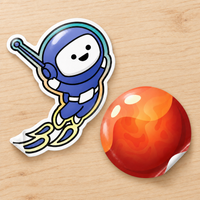 Two die-cut stickers from the sample pack: an astronaut with a white border and a full-bleed planet