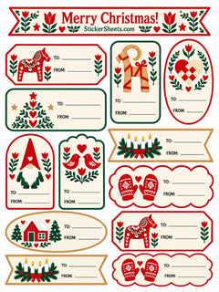 A sheet of Christmas-themed sticker sheets featuring various holiday gift tags with illustrations of a red-and-white dala horse, a straw goat, birds, a gnome, a small house, mittens, and a wreath. The top banner reads 'Merry Christmas! StickerSheets.com'.