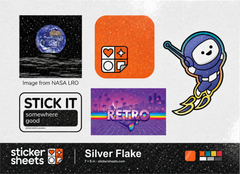 Silver flake 7 x 5 in sticker sheet, fine silver flecks over an Earth photo, a Stick It label, a Retro scene and an astronaut