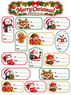 A Christmas-themed sticker sheet with multiple labeled gift tags featuring holiday illustrations such as a snowman, reindeer, penguin, gingerbread man, Santa Claus, fox, kitten in a stocking, and gifts. The sheet has a large 'Merry Christmas!' header with a bow and green holly border, and each tag includes 'TO:' and 'FROM:' fields.