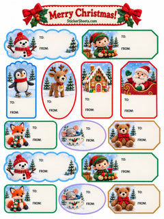 A sheet of Christmas-themed gift tag templates with various shapes, borders, and festive illustrations including Santa Claus, a reindeer, a penguin, a fox, a mouse, a teddy bear, a snowman, a gingerbread house, and a tree. The top header reads 'Merry Christmas! StickerSheets.com'.