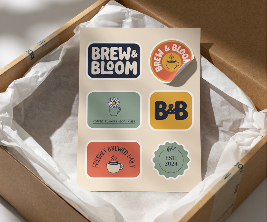 Sticker sheet with several brand designs kiss-cut on one sheet