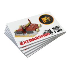 Stack of custom sticker sheets for Team Extinuisher with a combat robot, a flaming skull logo and a Build Fight Fun sticker
