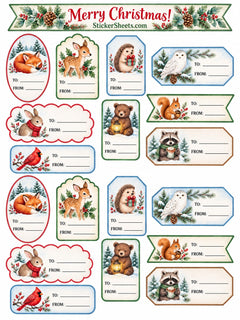 A Christmas-themed sticker sheet with multiple labeled gift tags featuring winter animals such as a fox, deer, hedgehog, owl, squirrel, rabbit, bird, bear, and raccoon. The top banner reads “Merry Christmas!” and “StickerSheets.com.”